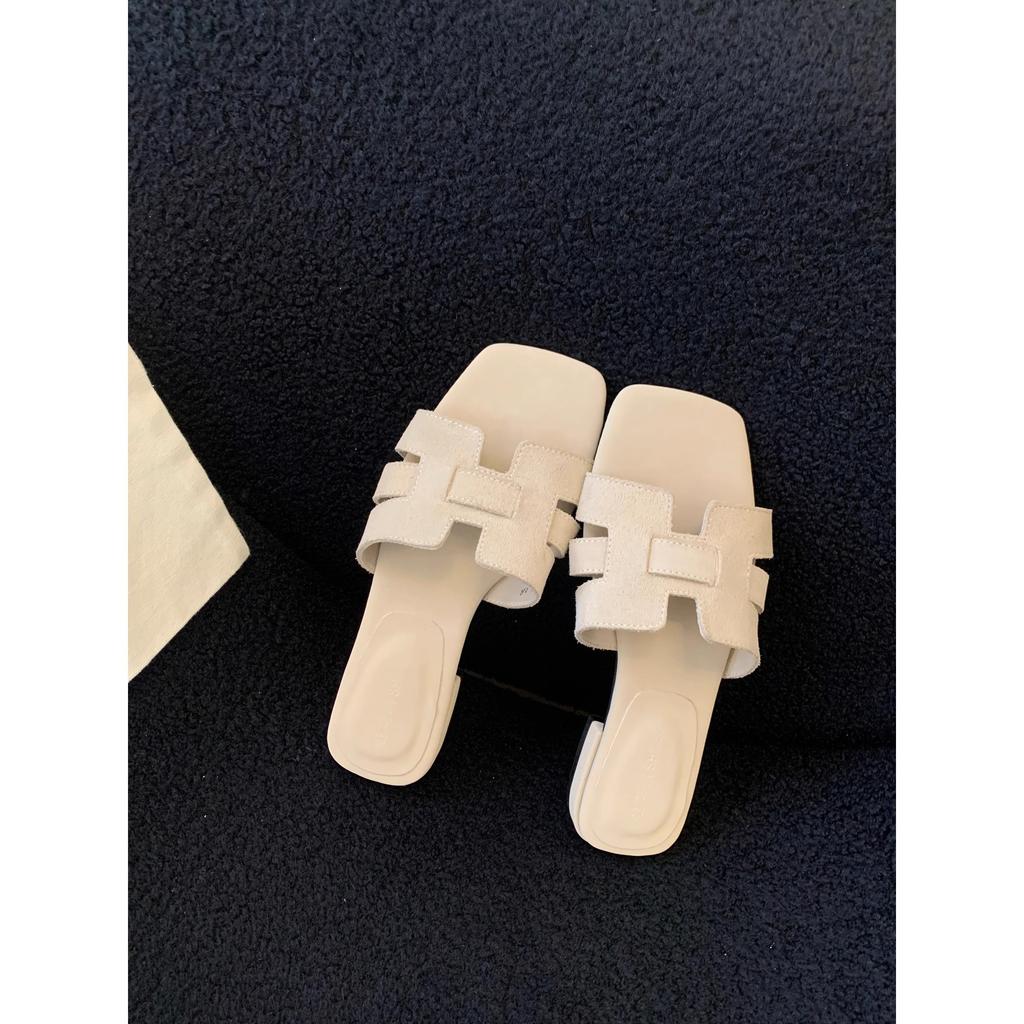 Mori Retro Polished One-word Cool Slippers with Skirt Sandals 2025 Summer New French Square Head Flat Bottom Sandals