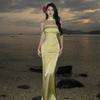 French Acetic Acid Satin Tube Top Dress Women's High-end Beach Vacation Dress One-word Collar Birthday Evening Dress