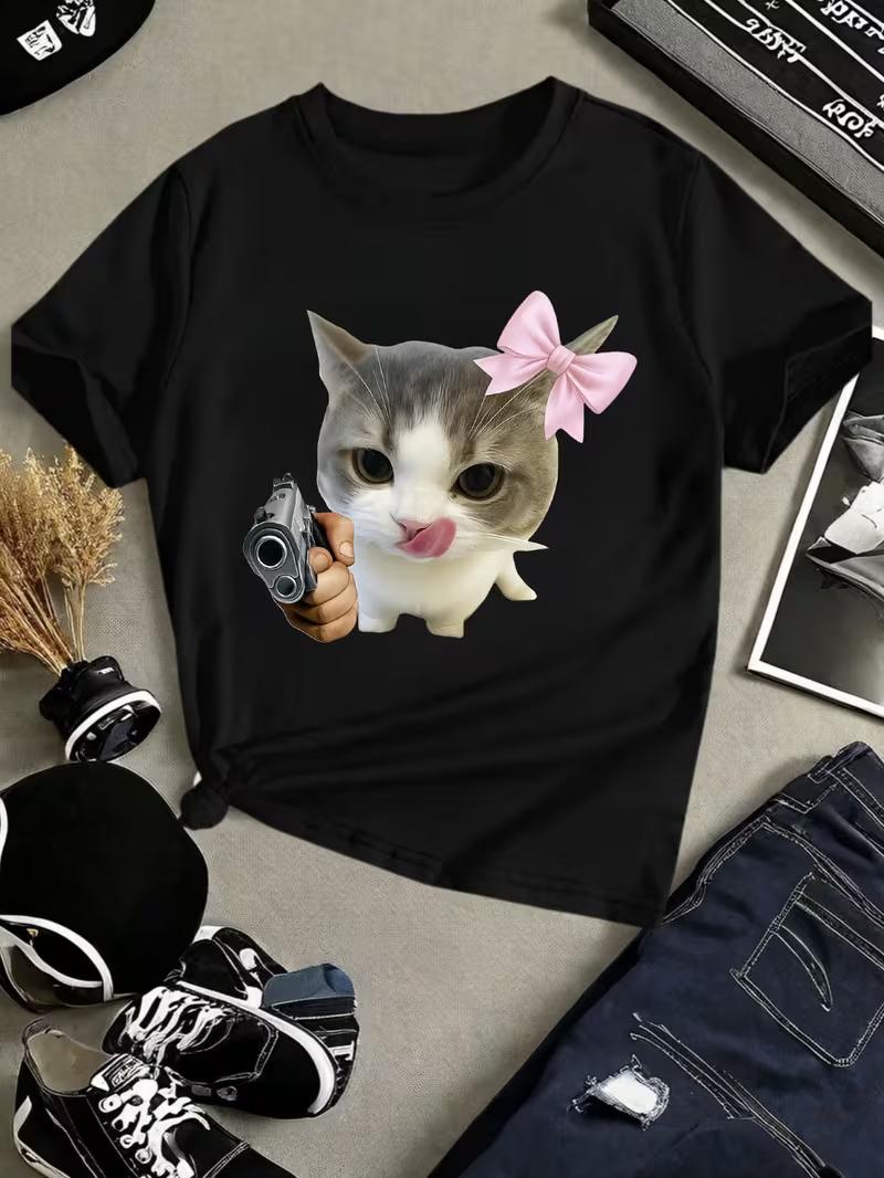

Adult and Children Cute Cat Holding Gun Gesture Soft Cute Cool Pure Cotton Tshirt Couple and Parentchild Gift for Girlfriend S