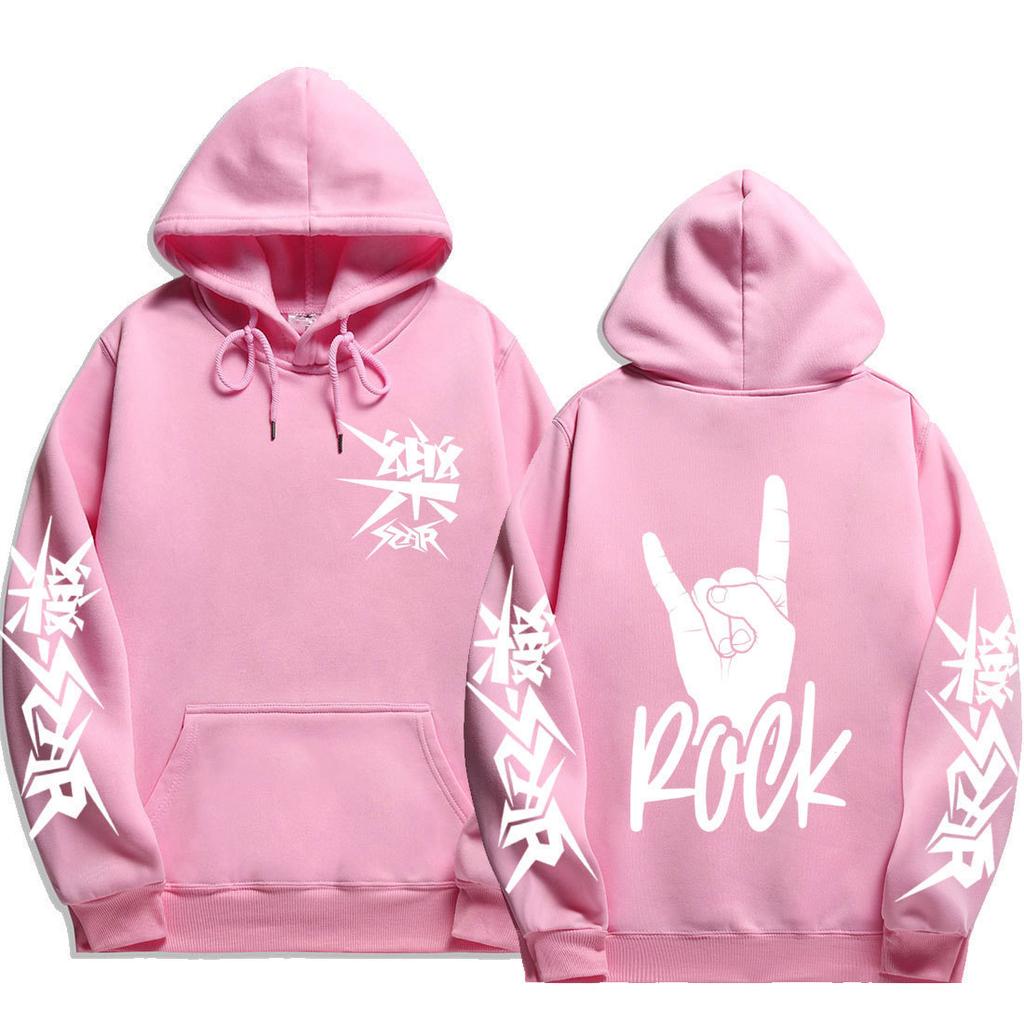 Stray Kids ROCK‑STAR Rock Hand Sign Pullover Hoodie Devil Horns Hand Rock Lettering Graphic Drawstring Hood Oversized Unisex KPop Streetwear Fan Merch