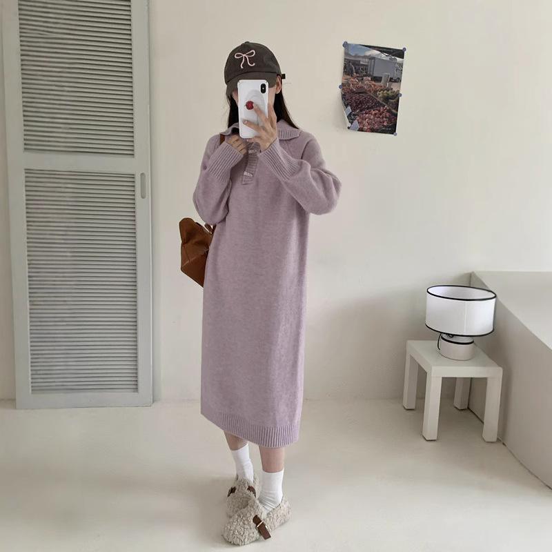 

Нежный лацкан свободный ленивый стиль новое платье осень и зима длинный вязаный модный универсальный свитер one size fits all светло-фиолетовый