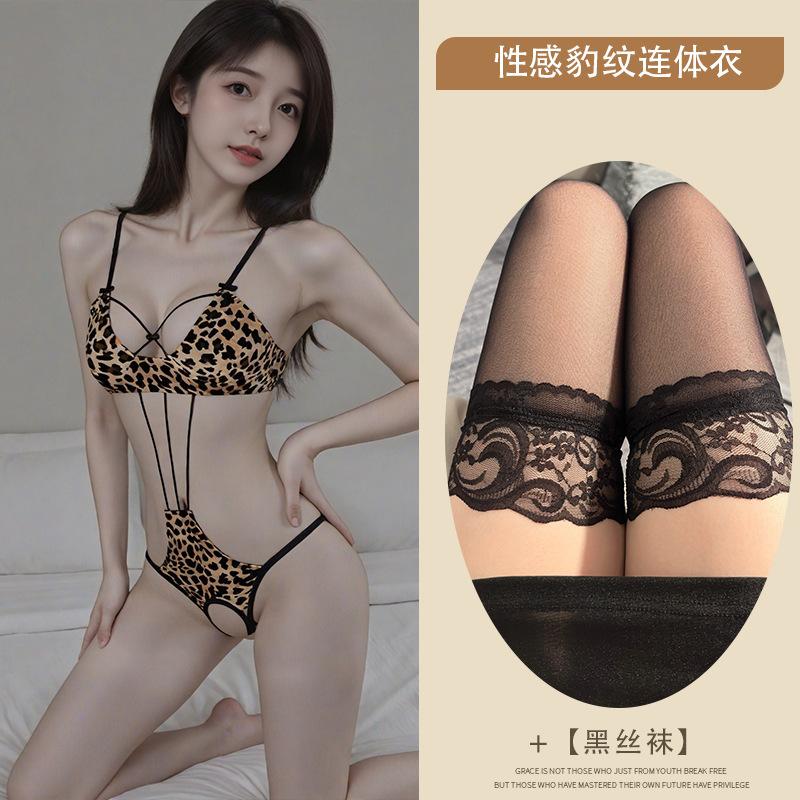 Sexy underwear, sexy hollowed-out straps, leopard print three-point onesie, uniform, passion suit