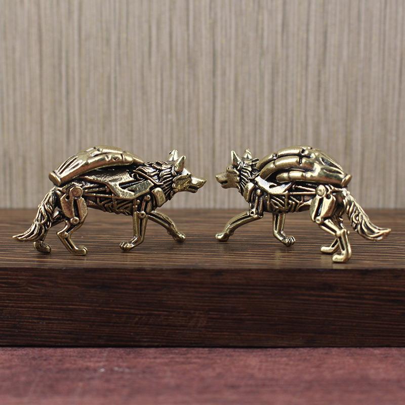 Saf Pirinç Kurt Heykeli Masaüstü Süsü Çay Seti, Vintage Bronz Hayvan Figürü Minyatür Dekorasyon