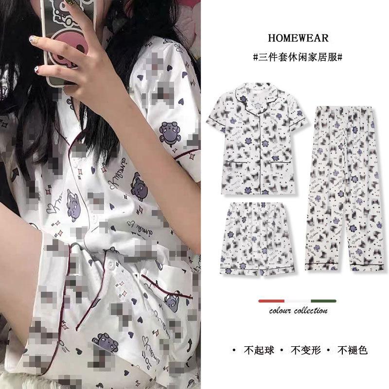 GMXIA Sommermode Pyjama Damen Kurzarm Dreiteiliges Set, Baumwollähnlich Cartoon Student Hauskleidung, Kann Draußen Getragen Werden
