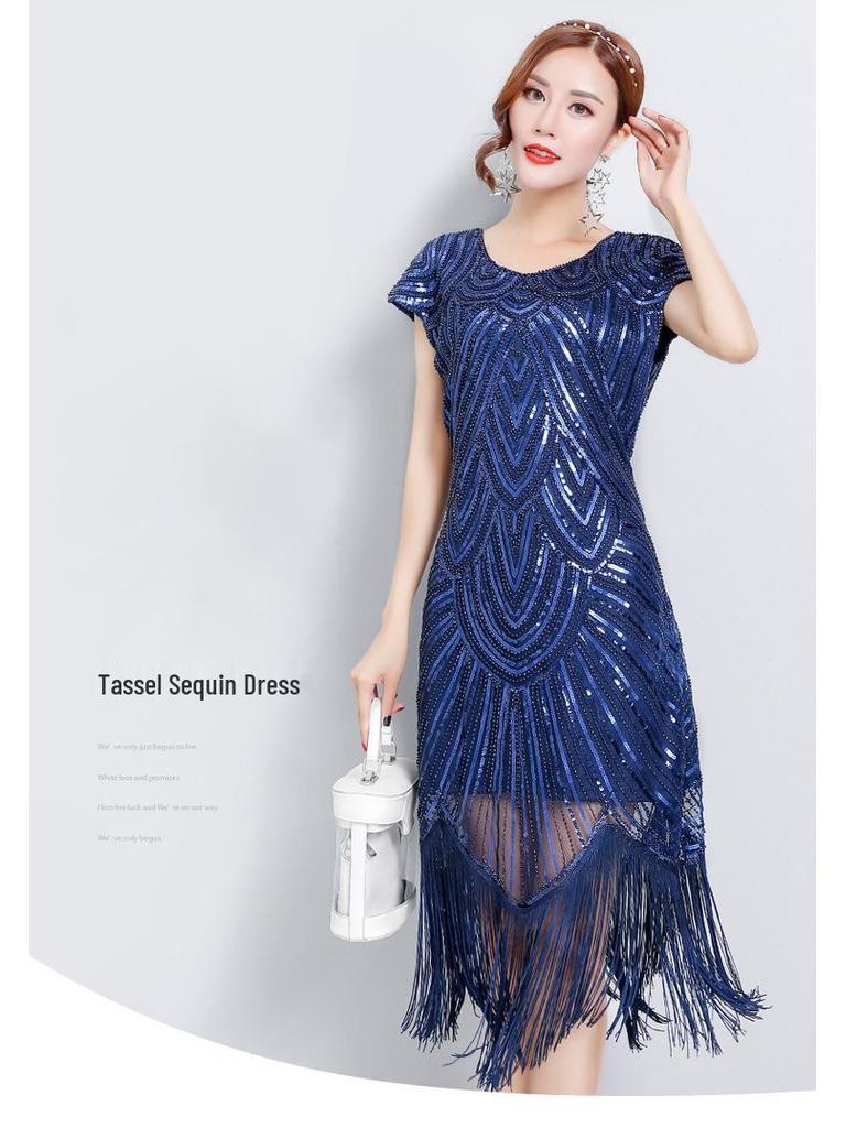Plus Size Sequin Beaded Tassel Evening Dress - Slimming Hip-Hugging Design with Round Neck 