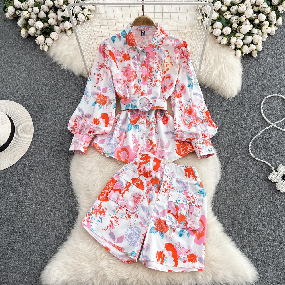 

RUGOD весенне-осенний модный женский костюм, темперамент, свободная рубашка с рукавами-фонариками и принтом, комплект из 2 предметов, широкие короткие штаны с высокой талией