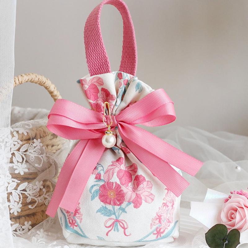 Small Floral Canvas Drawstring Bag Small Bowknot Jewelry Pouch With Pearl Chain Wedding Candy Packaging Bag
