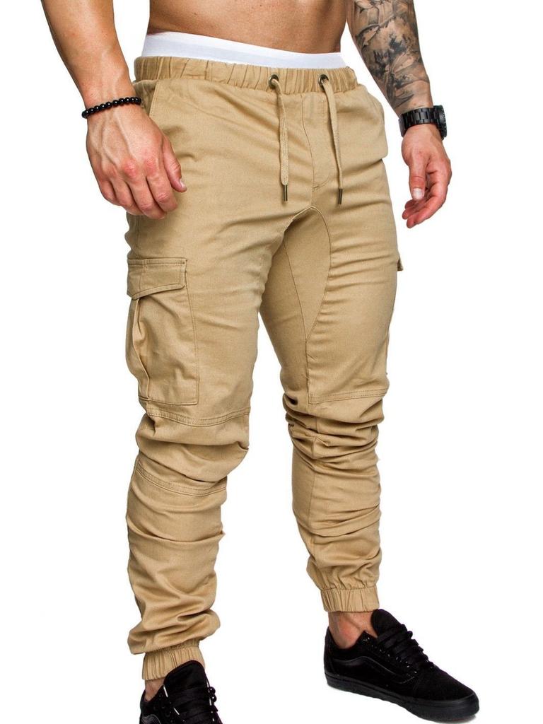 Men's Spring and Autumn Long Pants Fashion Casual Drawstring Elastic Pants Solid Trousers with Pockets