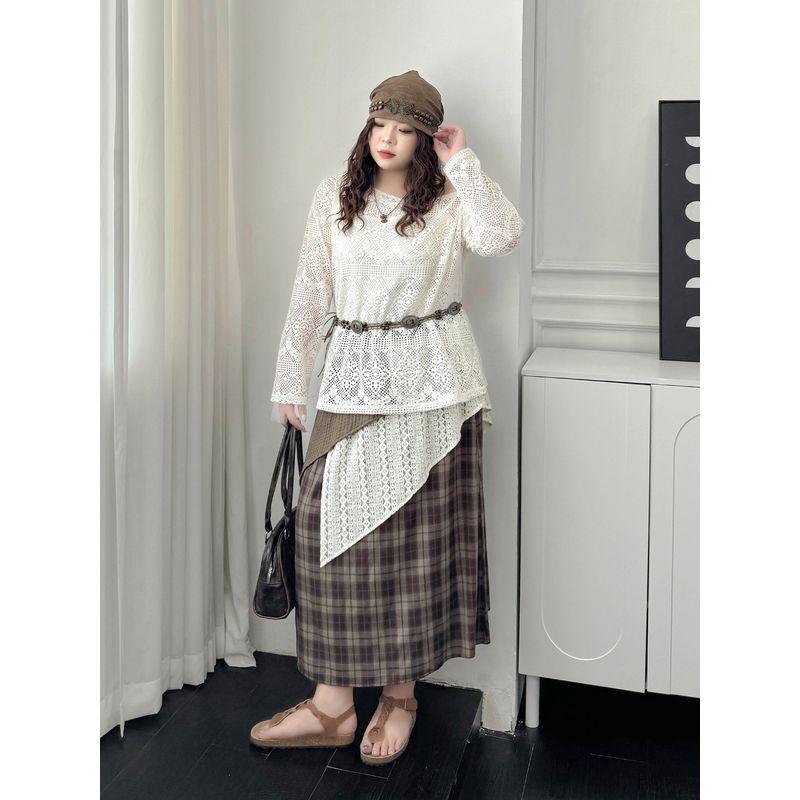 Plus size women clothing [Maillard Set] Autumn Chubby Girl Bohemian Waste Soil Wind Cover up Skirt Two-piece Set