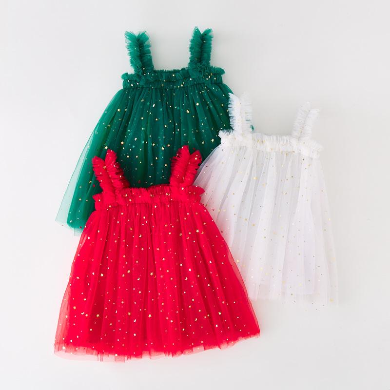 New Christmas Dress Stars Moon Strapless Dress Princess Mesh Shaggy Dress Children's Halter Dress Holiday Dress