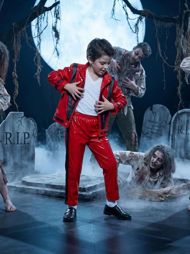 Costume Bambino Michael Jackson Rosso Nero Pelle Outfit Ragazzi Tuta da Palco Halloween Travestimento