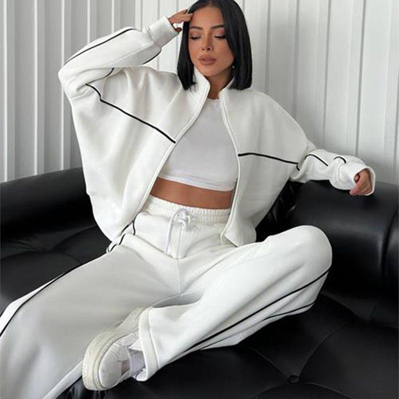 2024 New Cross-Border European and American Amazon Casual Suit Long Sleeves Half Collar Cardigan Sweatshirt Shoelace Stripes Pants Set