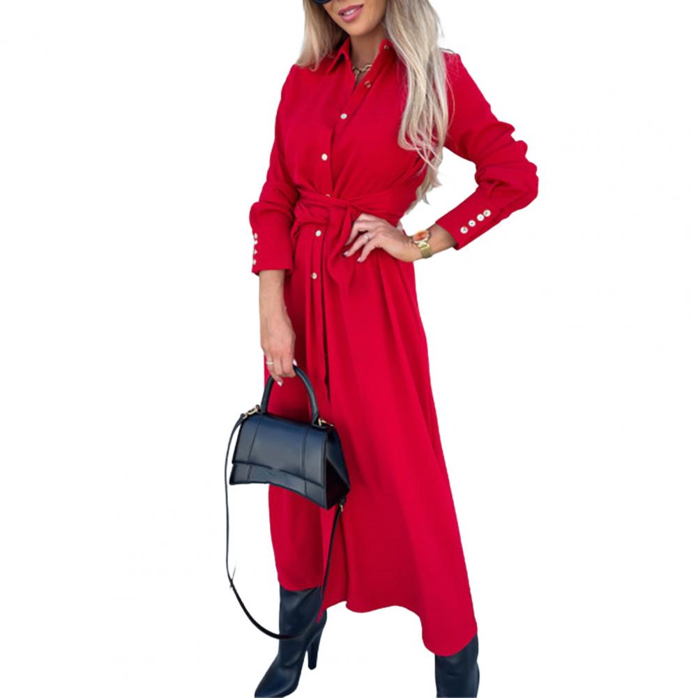 Women's Cotton Button Down Maxi Long Sleeve Lapel Collared Long Dress Lace Up Waist Ladies Robes