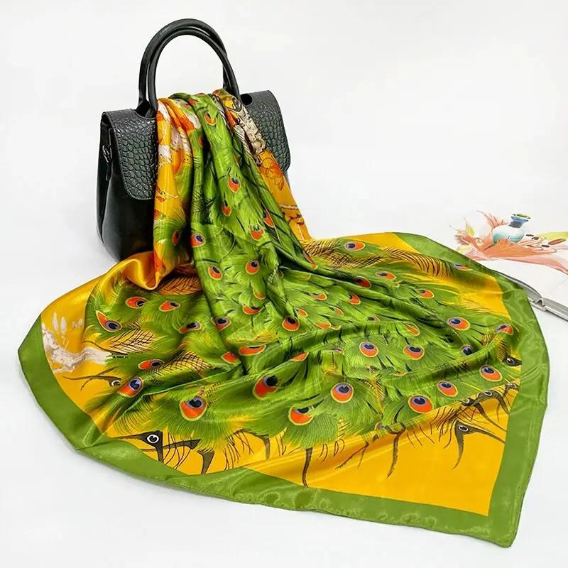 Spring Chinese Style Peacock 90*90cm Lmitation Silk Large Square Scarf Women's Accessories Head Scarf Beach Shawl Scarf