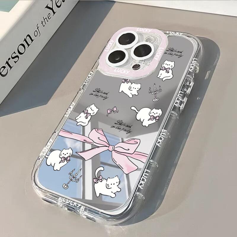 Hollow Bow Cute Pink Cat Mirror Phone Case For iPhone 17 Air 16E 16 15 14 13 12 11 Pro Max X XR XS 7 8 Plus SE2 Cases Back Cover