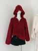 Korean Red Lambswool Brushed Half-Zip Hooded Knit Pullover Sweater for Women - Autumn/Winter Fashion.
