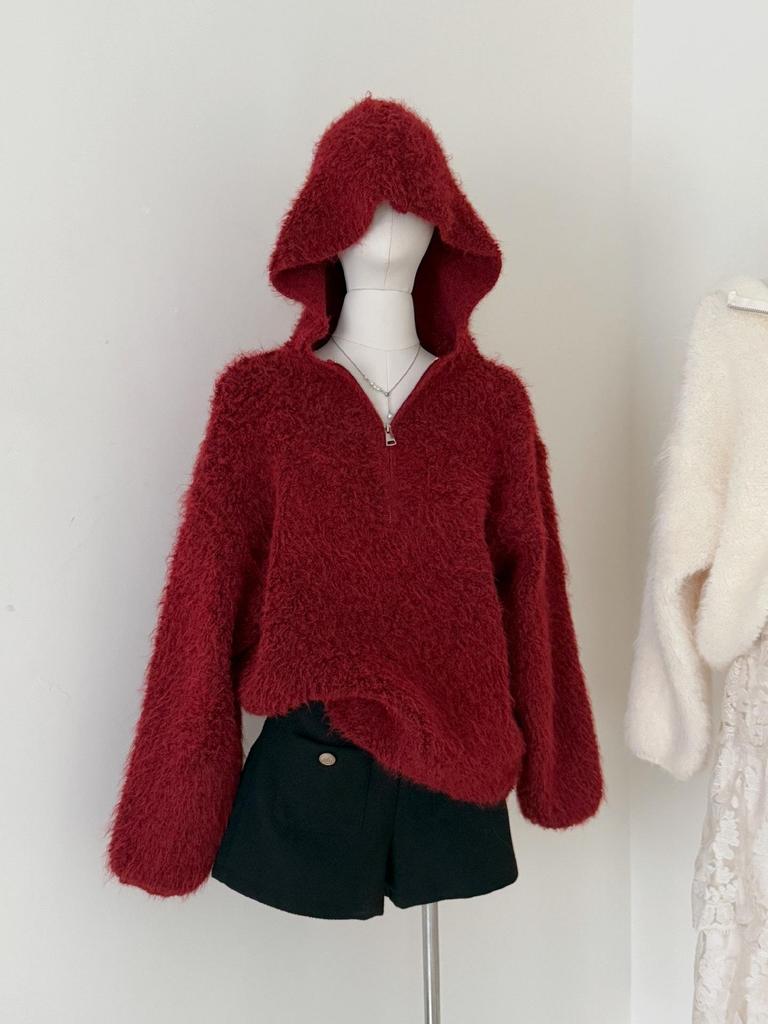 Korean Red Lambswool Brushed Half-Zip Hooded Knit Pullover Sweater for Women - Autumn/Winter Fashion.