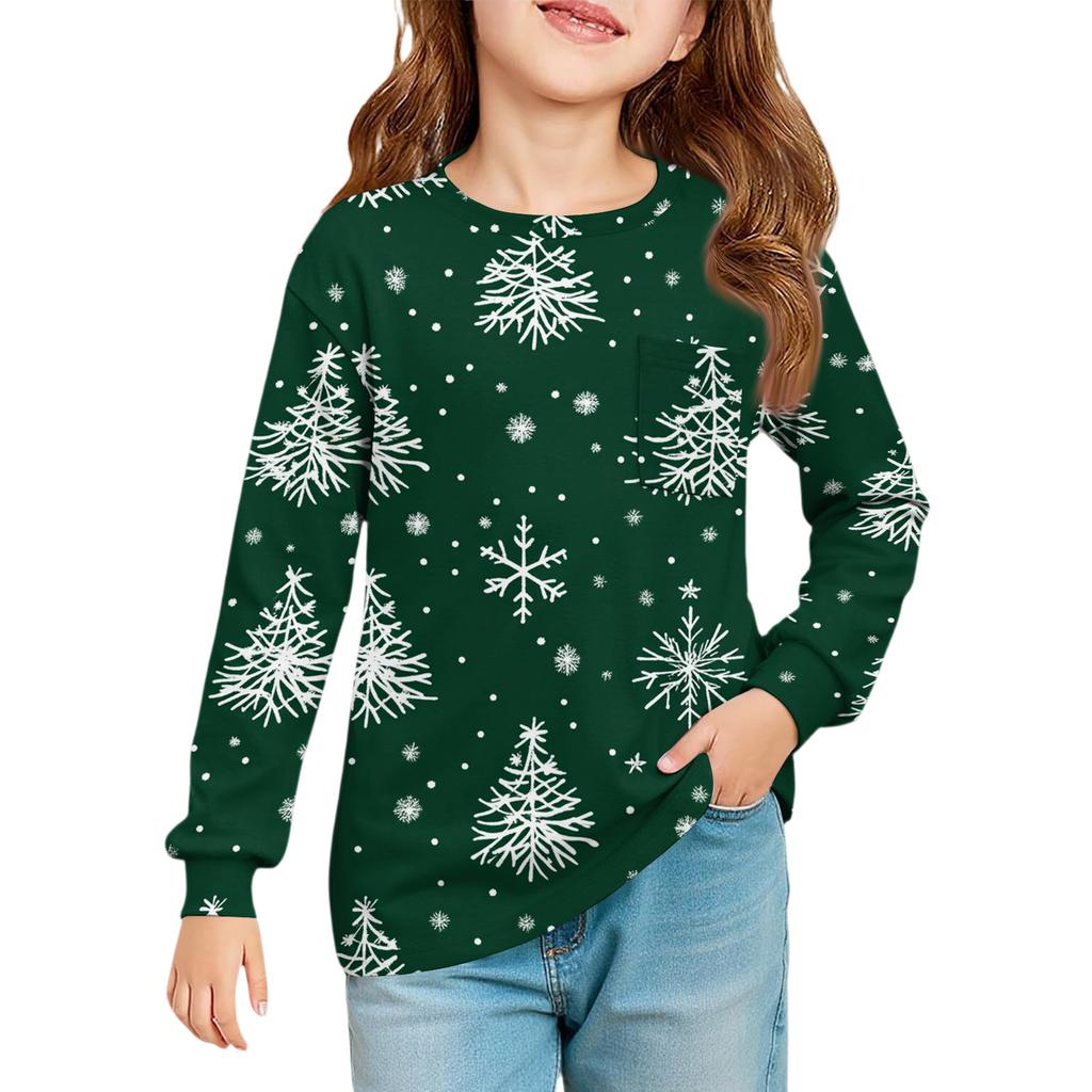 Christmas Day Girls' Long Sleeve Blouse - Round Neck Soft Waist Tunic