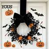 Spooky Wreath for Halloween Front Door, 9 Inch Pumpkin with Black Door Decoration Velvet Bow Home Porch Holiday Party Window Wall Decor