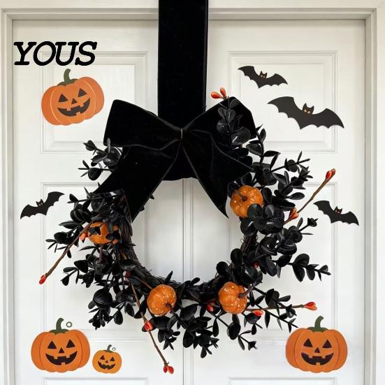 Spooky Wreath for Halloween Front Door, 9 Inch Pumpkin with Black Door Decoration Velvet Bow Home Porch Holiday Party Window Wall Decor