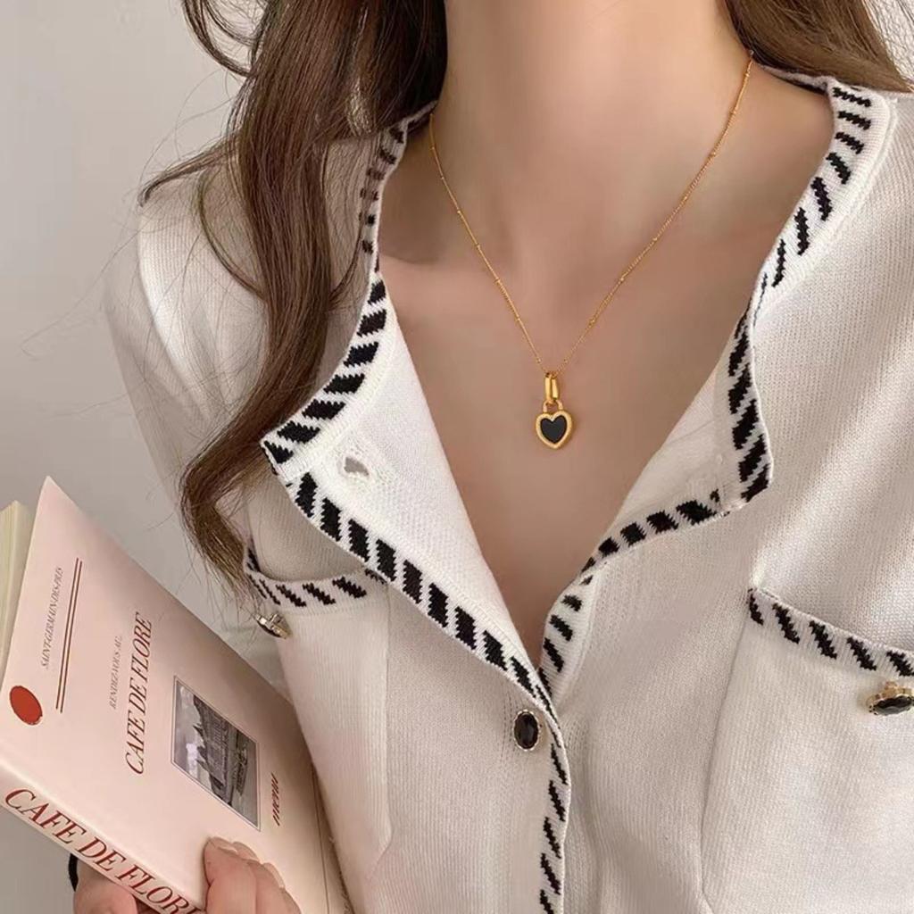 Heart Pendant Necklaces, Stainless Steel Necklace Women, Luxury Style Jewelry Accessories Chain Banquet Double-sided Black White