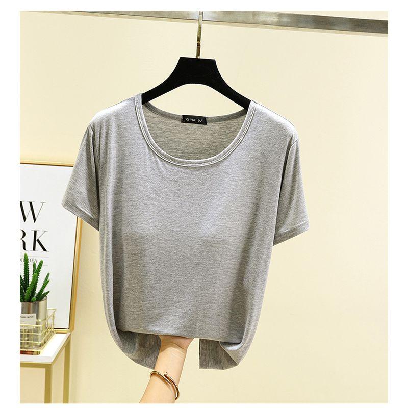 

Тонкие топы с коротким рукавом без бюстгальтера, летние топы из модала, дышащие, с нагрудными подушечками, больших размеров, с круглым вырезом, с рукавом до локтя, базовая футболка Light gray L (Recommendation 50.00 kg-60.00 kg