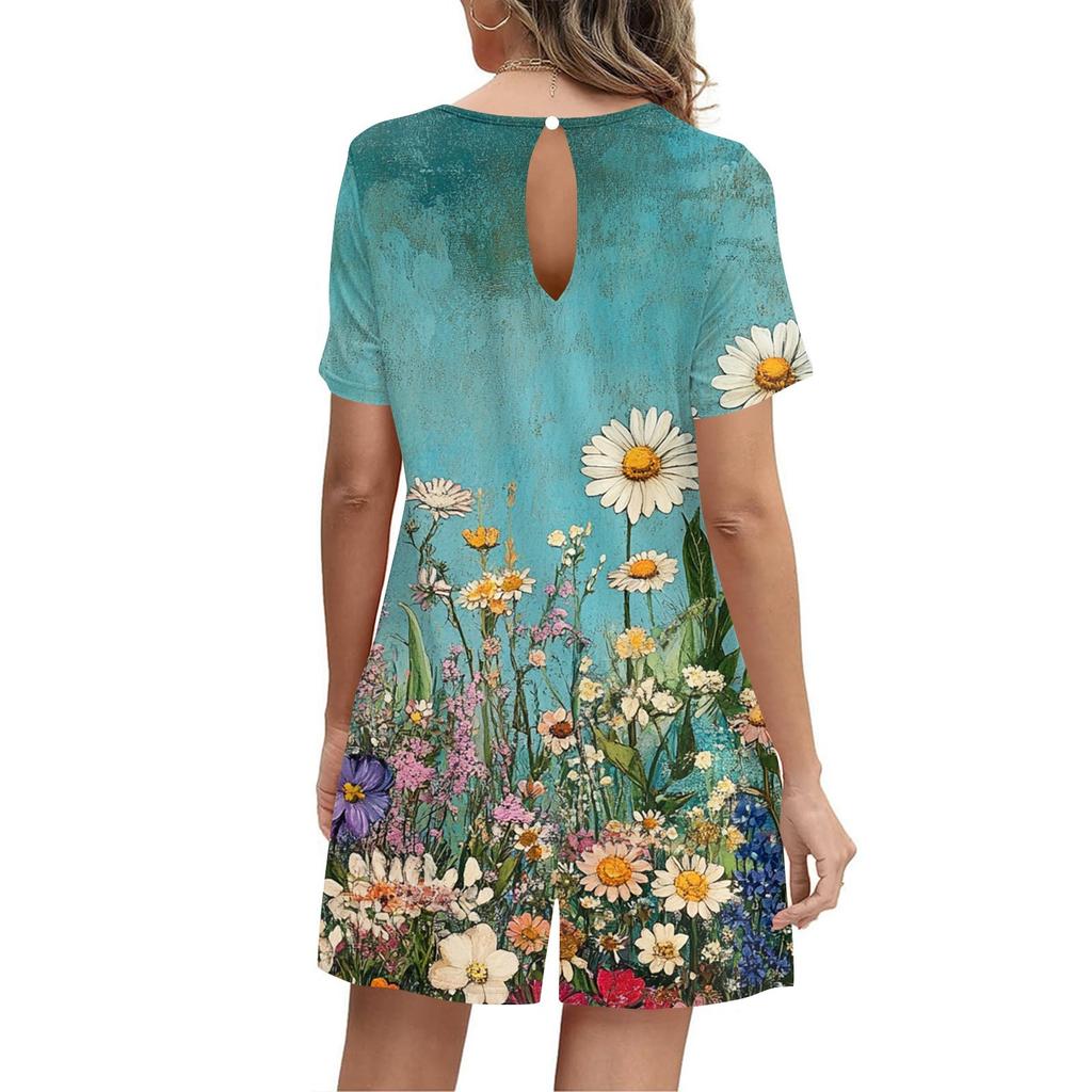 Women's Fashionable And Casual Short-sleeved Pleated Pocket Jumpsuit Printed Jumpsuit Shorts