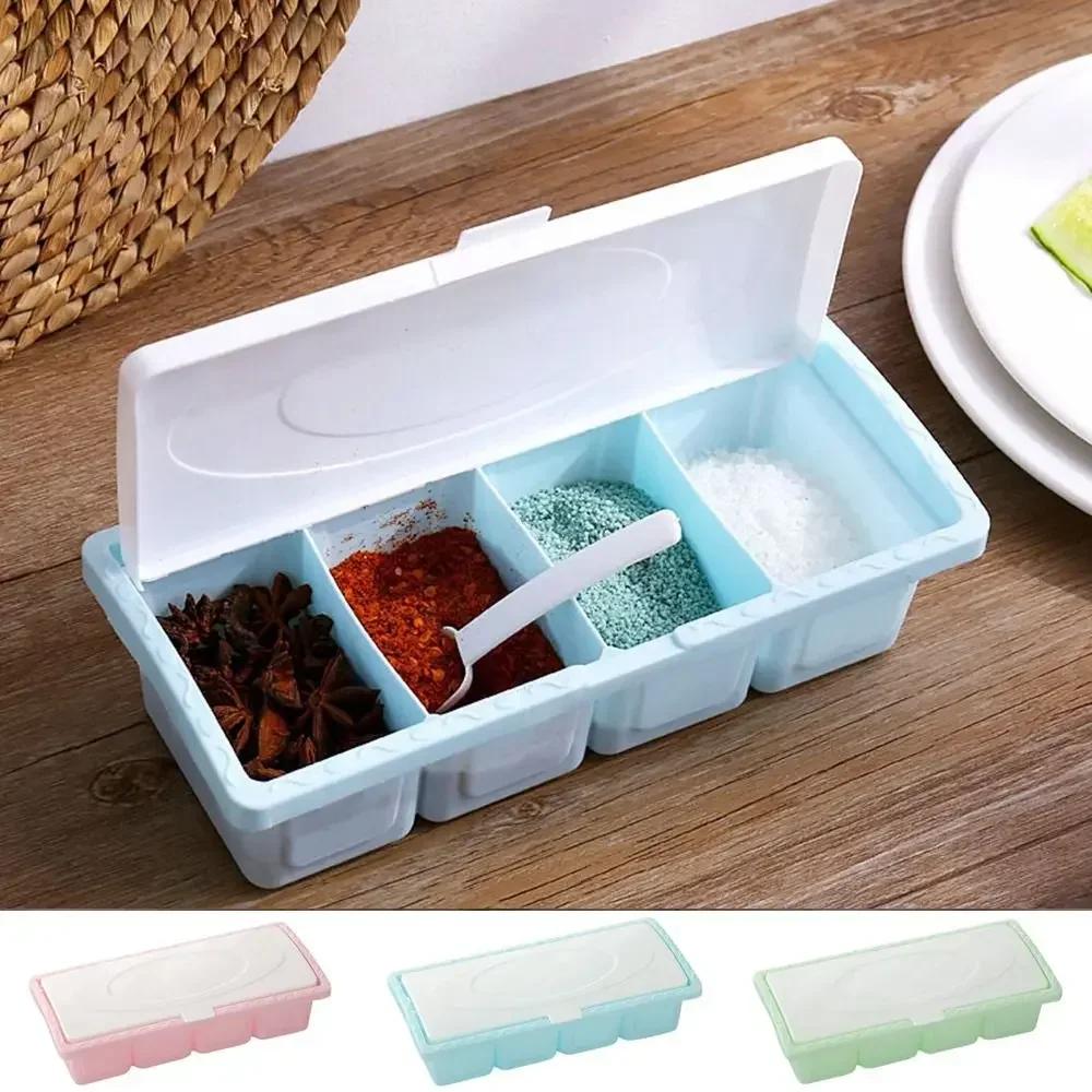 Multi-functional Plastic Seasoning Box Salt MSG Seasoning Box Kitchen Separator with Spoon with Lid Seasoning Jar Spice Jars Set