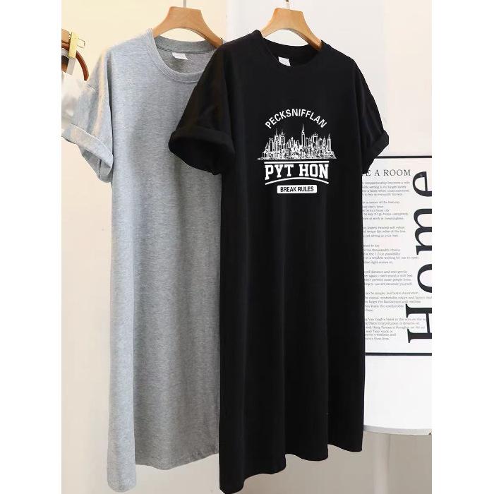 Large size women's clothing Korean lazy style t-shirt dress summer fat mm belly cover and thin small person knee long skirt