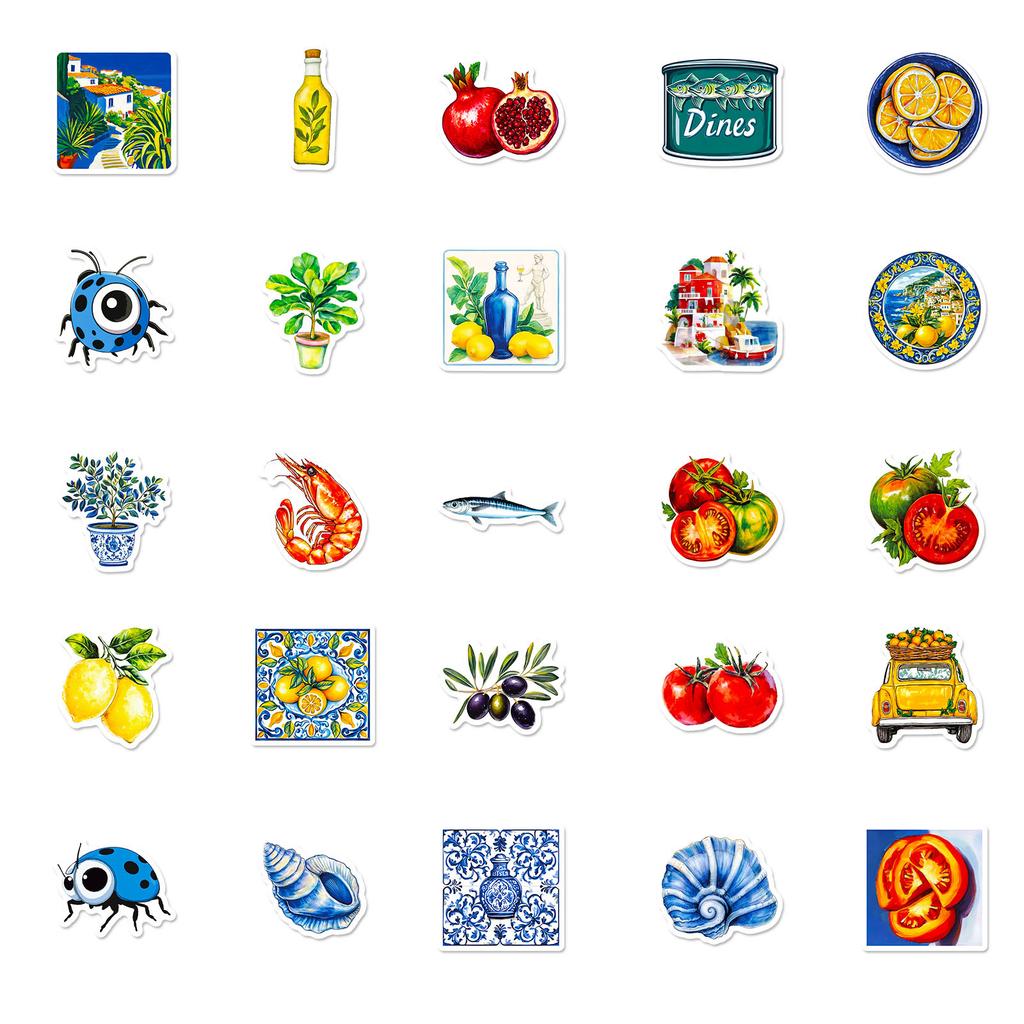 Nowe 50 naklejek w stylu śródziemnomorskim Kolor pomidorowy cytrynowy Jasne naklejki do dekoracji konta ręcznego komputera