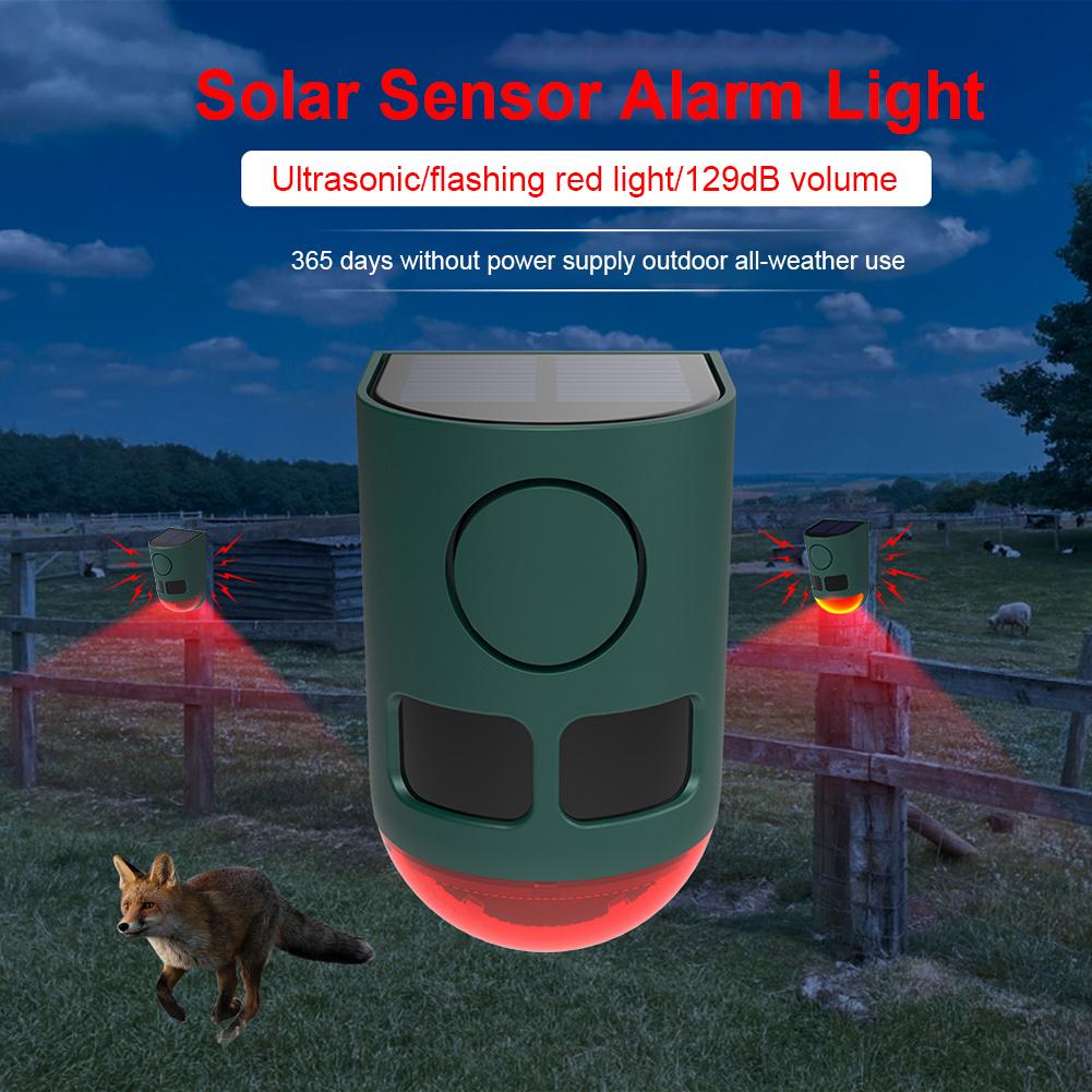 Solární infračervený pohybový senzorový alarm Odpuzovač zvířat 129dB Hlasitý zvukový generátor hluku K odstrašení mývala jelena skunka medvěda kojota
