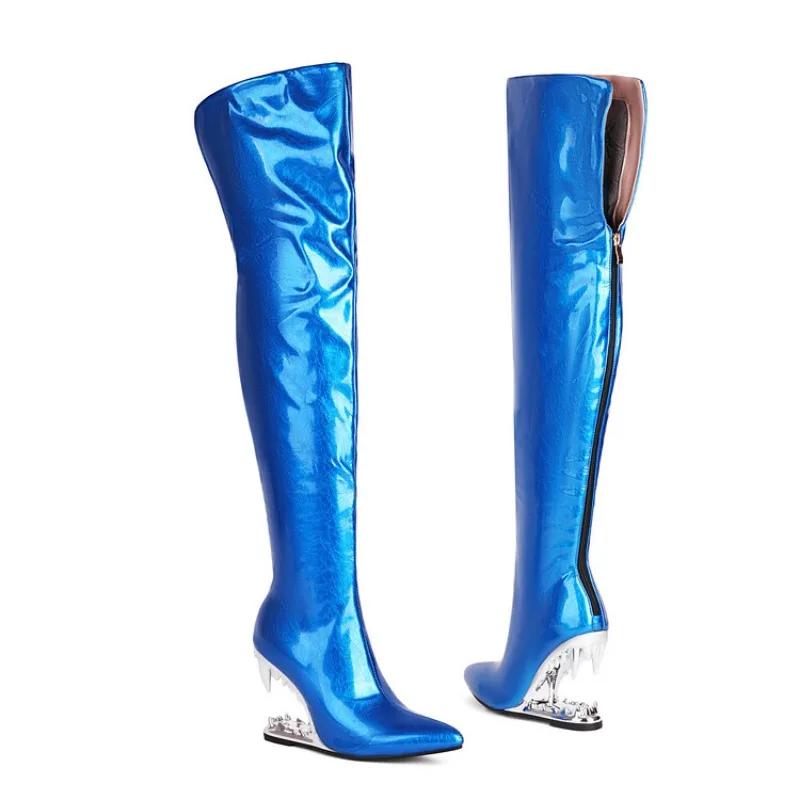 Fashion Silver Tiger Teeth Heel Design 10.5cm High Heels Over Knee Boot Women Winter Metal Hollowed Out Black Green Long Boots Size35-46