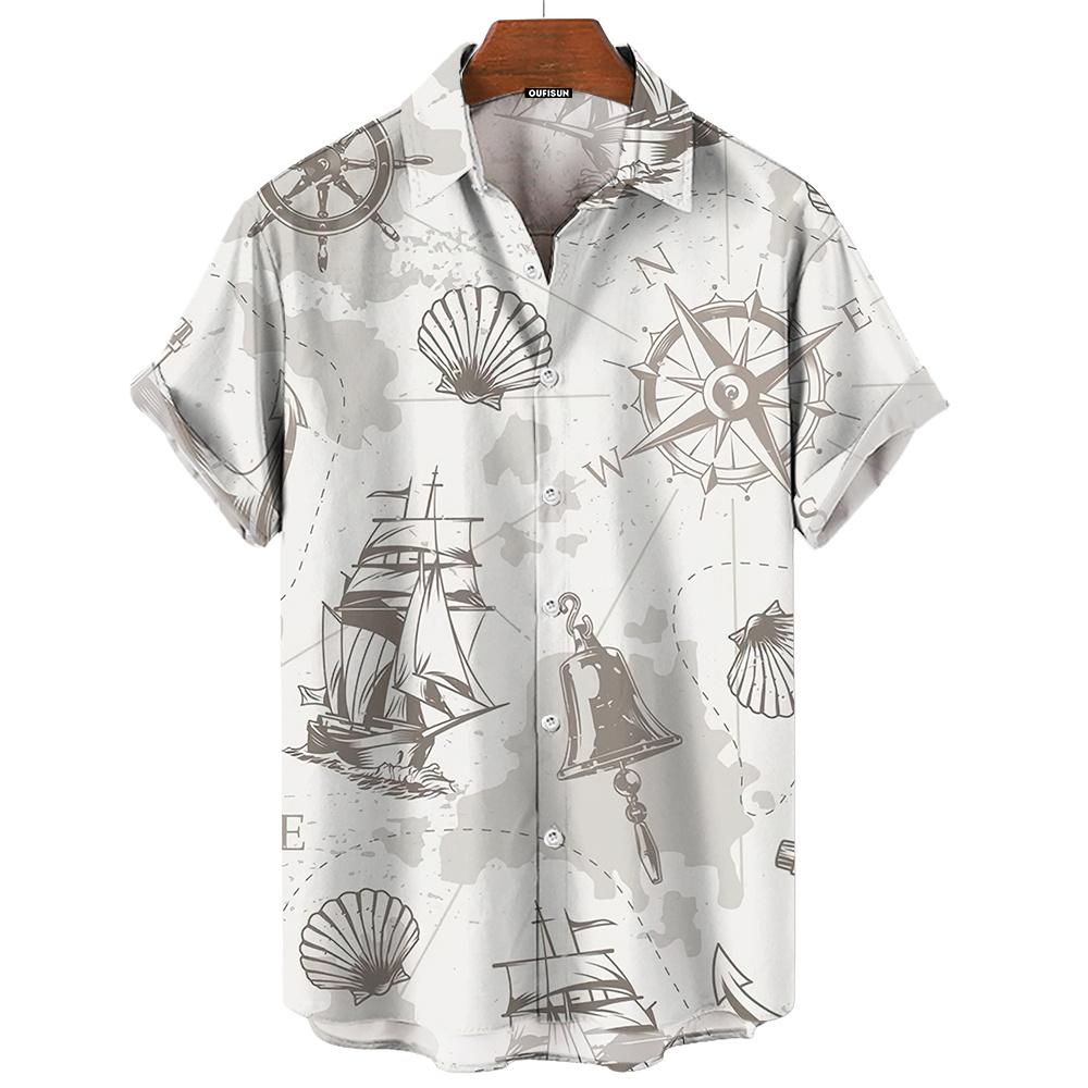 

Вінтажна чоловіча сорочка 3D принт вітрильника Чоловічий одяг Літня повсякденна з коротким рукавом Висока якість Топ Футболка Гавайська пляжна толстовка XL