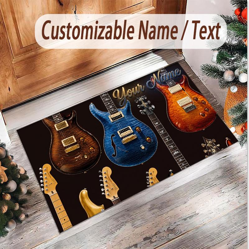 Music Guitar Theme Soft Crystal Velvet Rug Custom Name & Text Print Non Slip Floor Rug for Bedroom Living Room