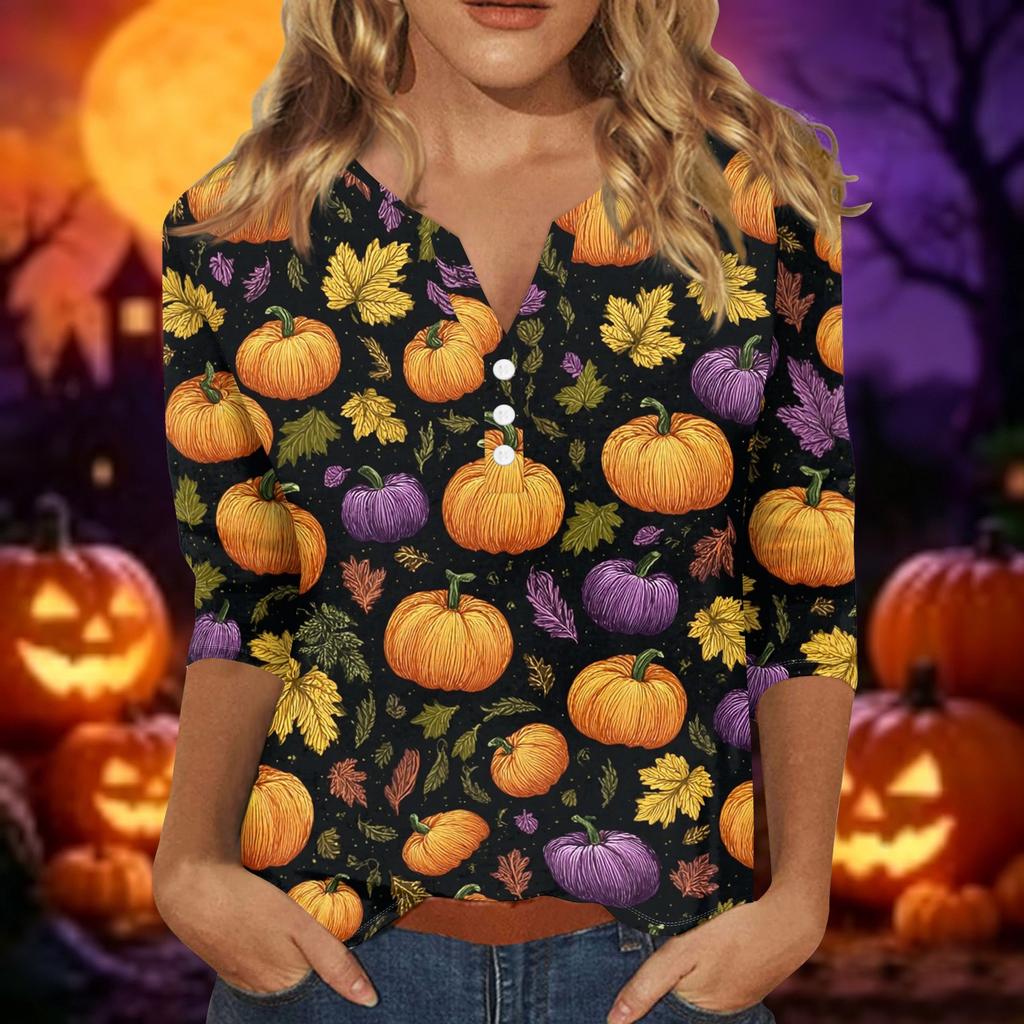 Women V Neck Three Quarter Sleeve Button Down Halloween Printed Casual T Shirt Top for Holiday and Daily Wear