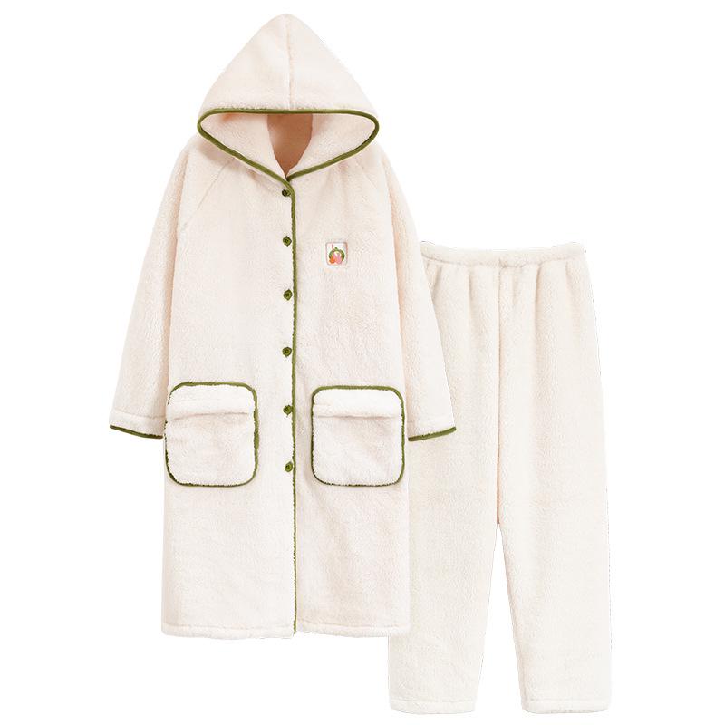 Women's Cute Hooded Coral Fleece Pajama Set - Flannel Long Robe for Autumn/Winter