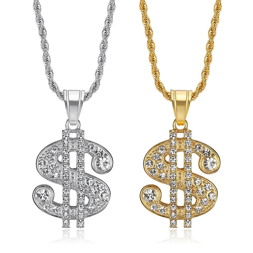 Hip Hop Schmuck Titanstahl Vergoldet Diamantbesetzt Dollar Anhänger Halskette