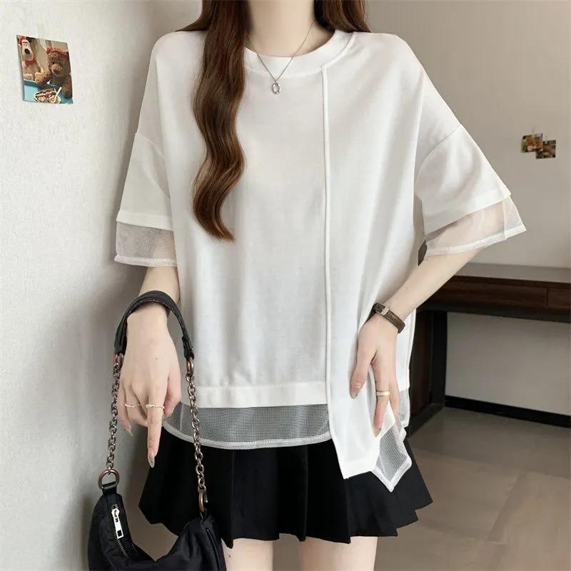 

Irregular Mesh Stitching Pure Cotton Short-sleeved T-shirt Women s New Summer Half-sleeved Top XL білий