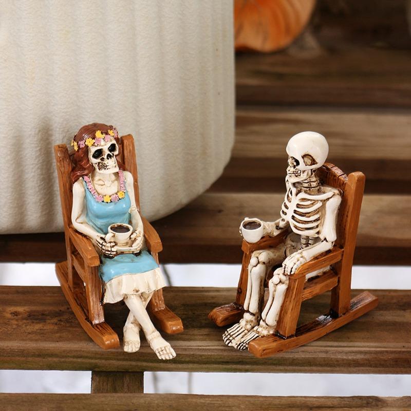 Rocking Chair, Skeleton Couple Statue Set, Halloween Home Table Decoration, Resin Handicrafts