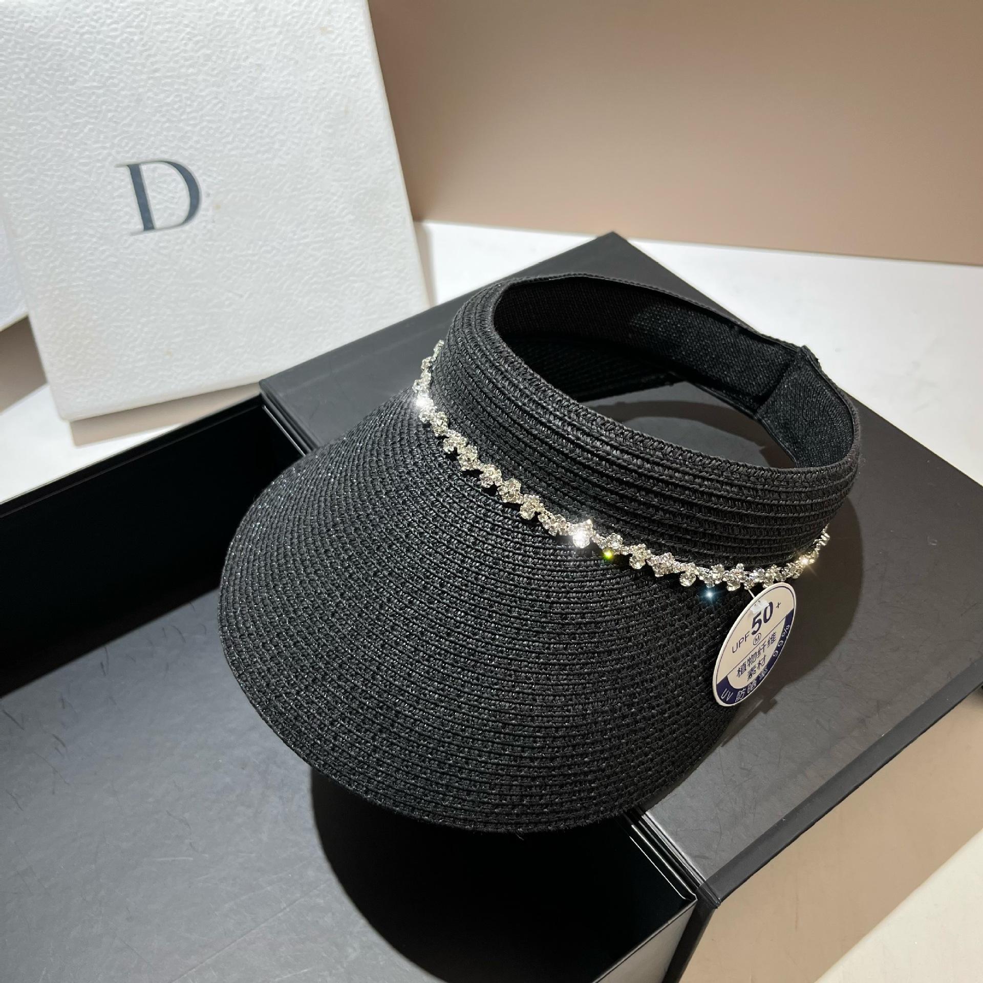 

Summer Light Luxury Niche Rhinestone Empty Top Hat Outdoor Travel Fine Grass Woven Uv Protection Sun Hat One size fits all (open at the back) чорний