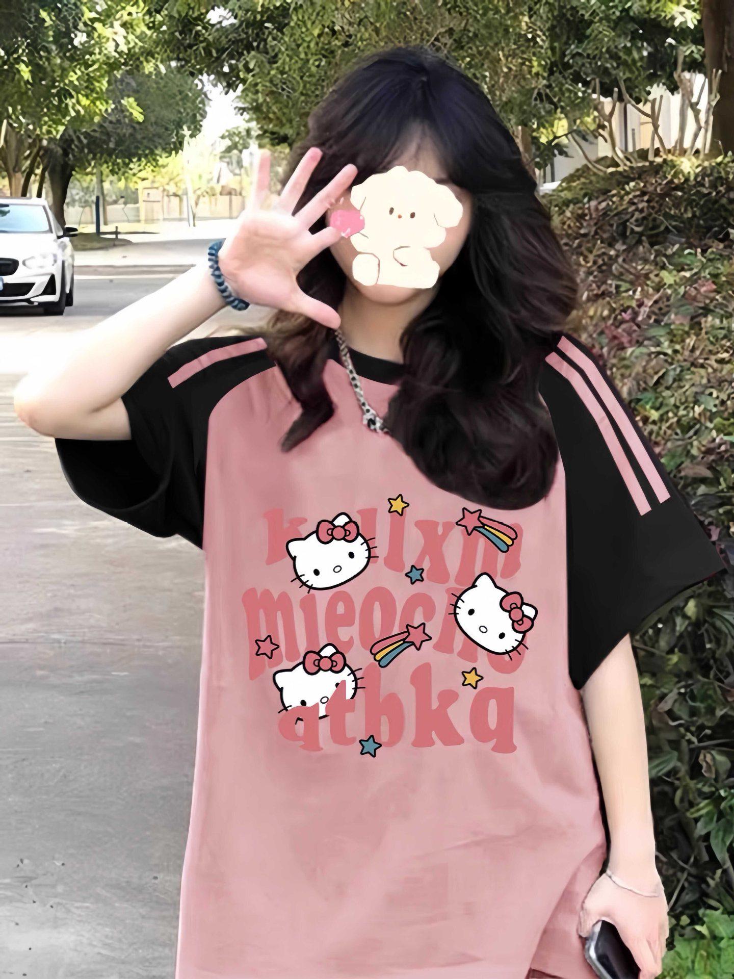 

Розовая футболка реглан с тремя полосками с коротким рукавом для девочек Hello Kitty