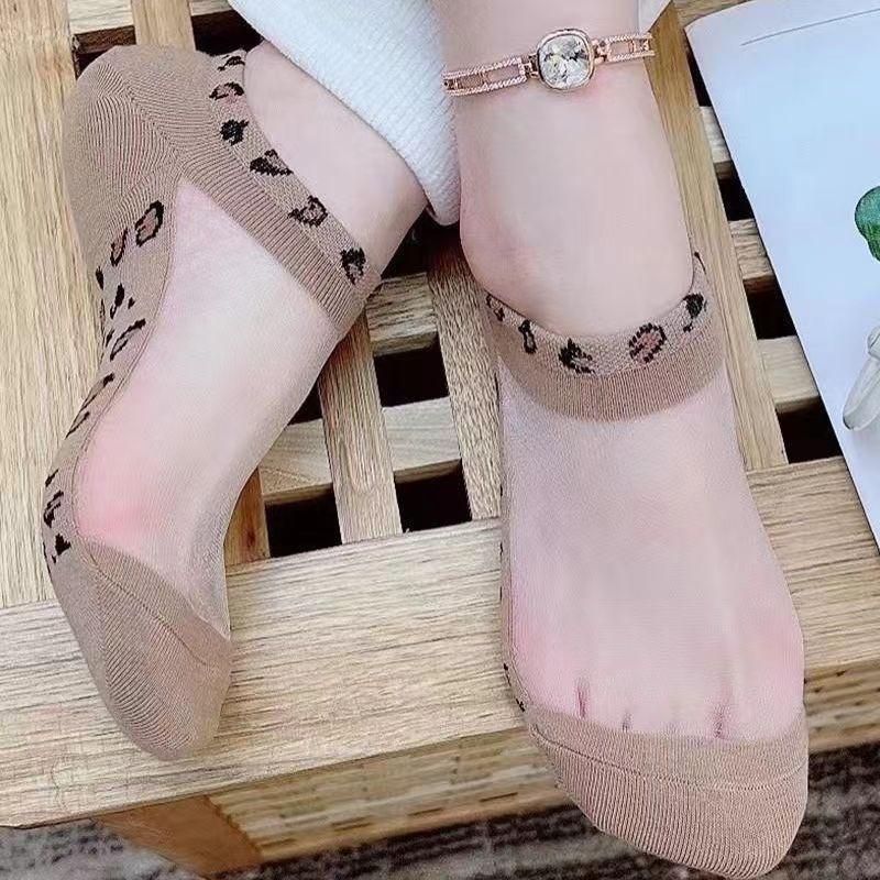 5 Pairs/set Women Slass Filament Fiber Spring and Summer Thin Transparent Leopard Socks Polyester Sock Lace Socks