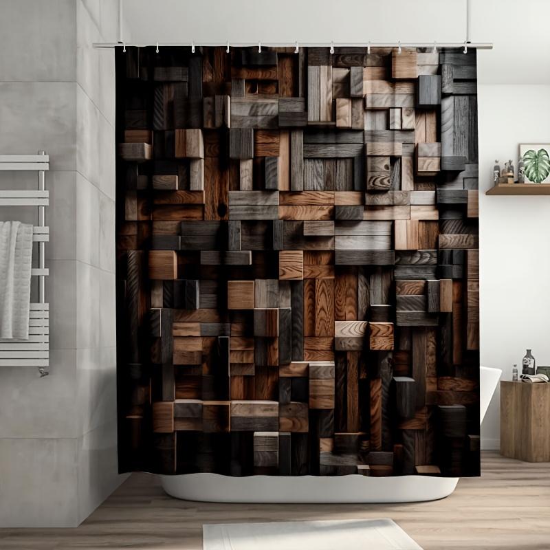 Duschvorhang mit Holzwand-Design - Strapazierfähiges Polyester, Leicht zu reinigen, Haken im Lieferumfang für Badezimmer- und Duschwannen-Dekoration