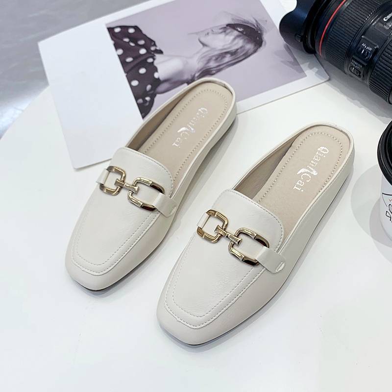 Internet celebrity bag head half slippers women's summer wear new lazy square head flat bottom half tray women's shoes