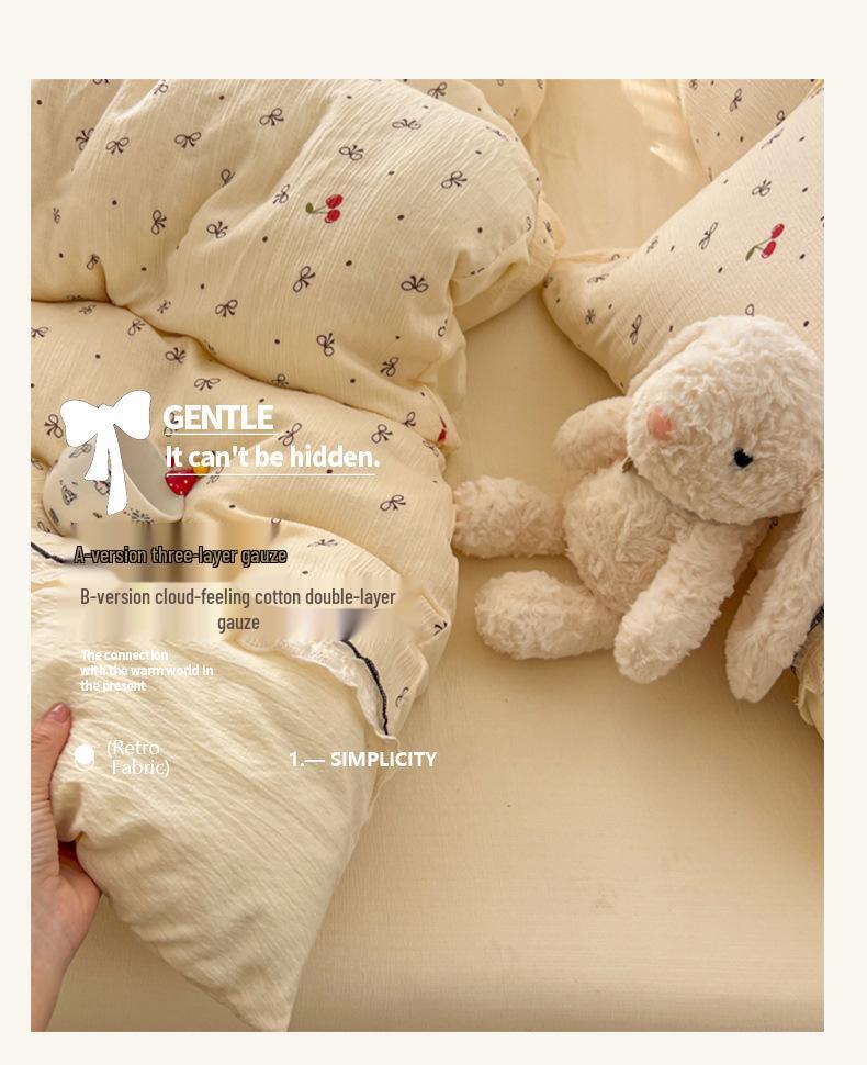 Korean Style Lace Skin-Friendly Double Layer Gauze Printed Bedding Set - Three or Four Pieces