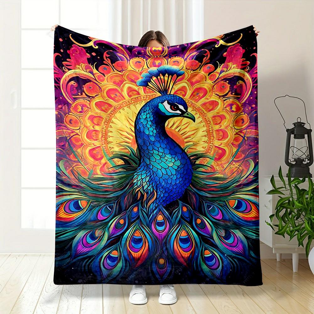 Colorful Peacock Design Warm blanket, Vibrant Mandala Pattern Flannel blanket for bedroom, living room, sofa, and nap.