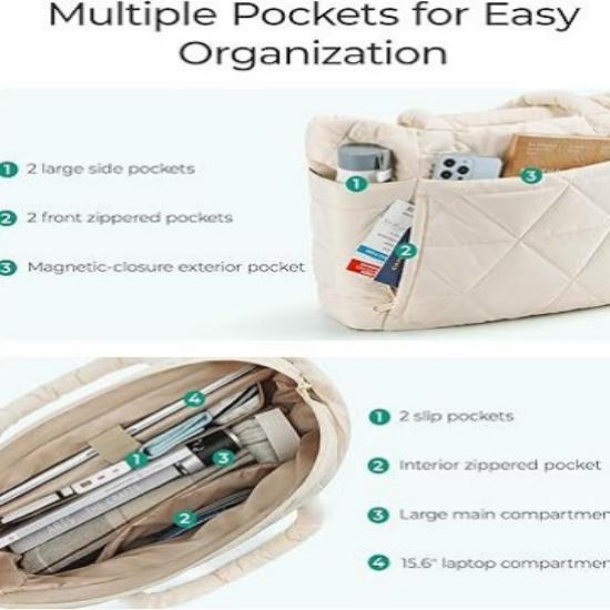 Women's Lightweight Puffy Zipper Large Quilted Shoulder Bag with Travel Compartment