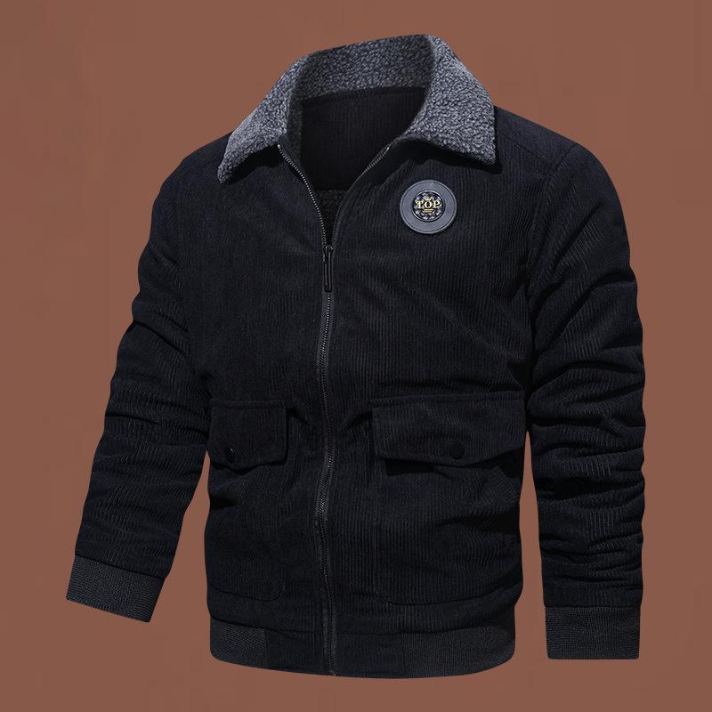 Fleece and thicker outer wear lamb wool casual lapel collar multi-pocket winter zipper medium corduroy cotton coat men's coat