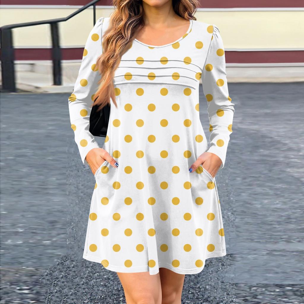 Women's Long Sleeve Dress Fall Casual T Shirt Loose Fit Pleated Front Dresses With Pockets
