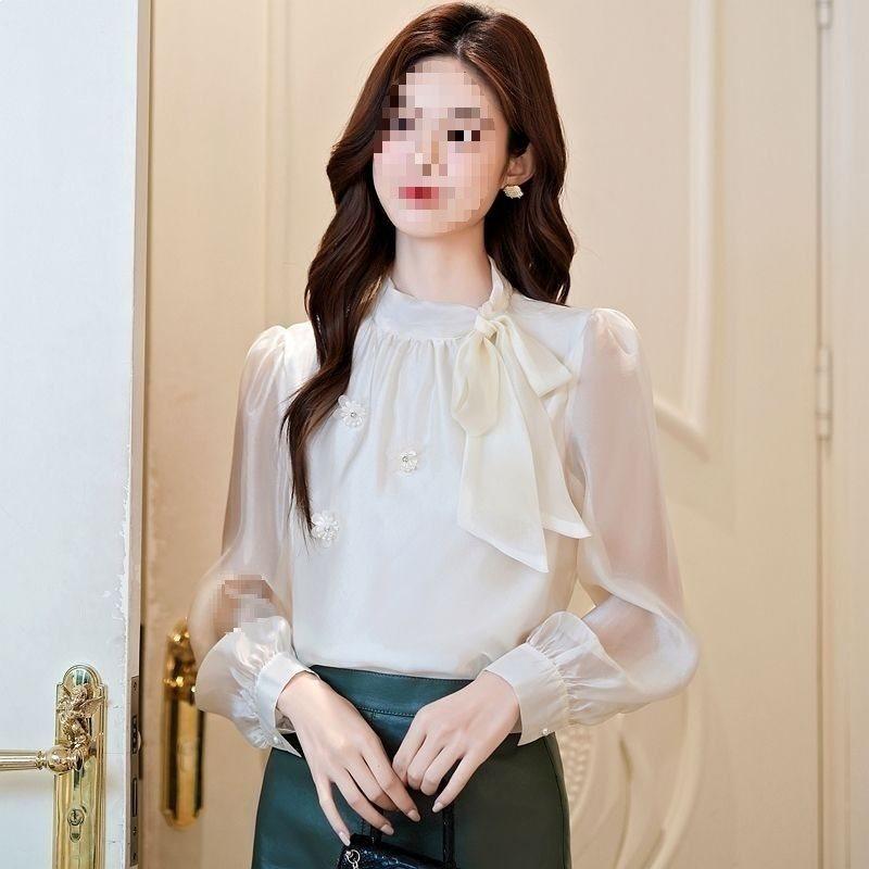 Romantic French Collared Butterfly Tie Blouse With 3d Effect For Spring Office Wear